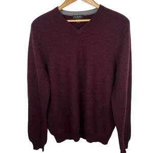 LXRI 100% Cashmere V-Neck Ribbed Sweater Knit Crimson Maroon Men's Size Large